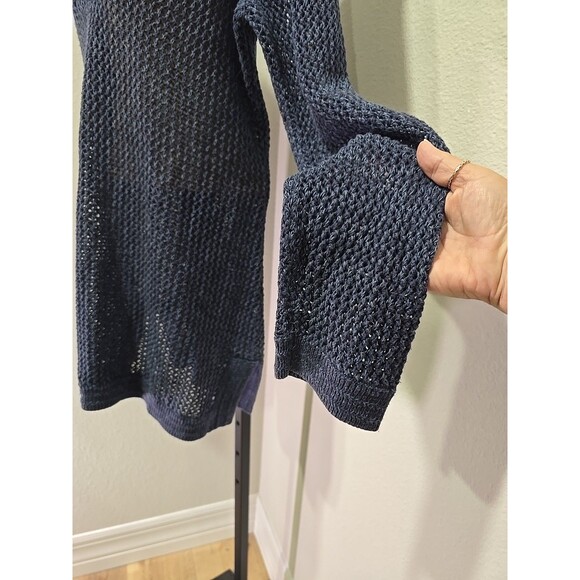 Blue Open Knit Hooded Sweater V Neck Womens Chicos 3 XXL Stretch Coastal Crochet - Picture 3 of 7